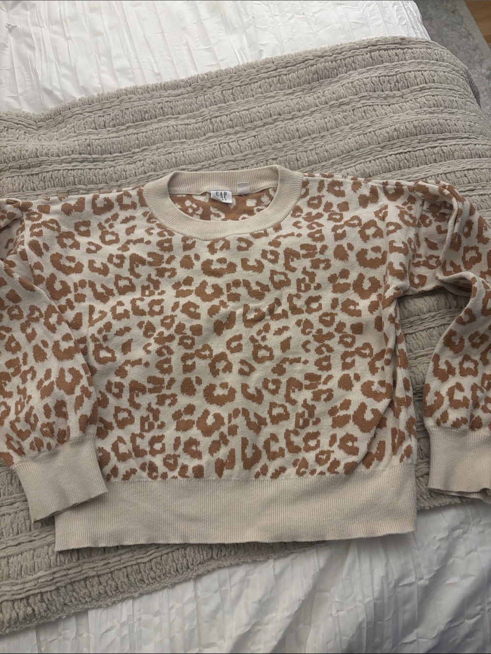 GAP Cream and Brown Leopard Print Knit Sweater